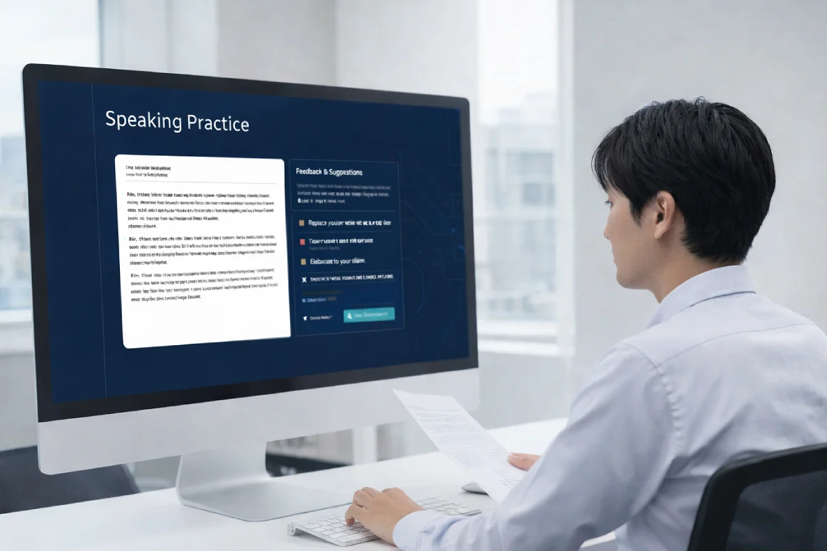 オフィスでPro-EigoAIを使用してスピーキング練習を行う従業員。AIによる即時フィードバック画面を表示。